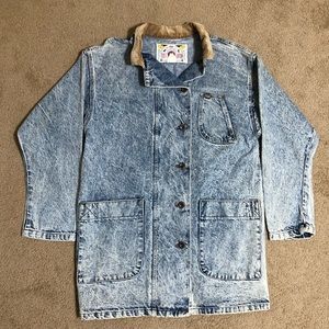 Vintage 80s Lee Denim Stone/Acid Wash Trench Barn Coat Corduroy Collar Rare